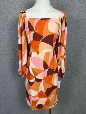 Donna Morgan Retro Print Long Sleeve Mini Dress Square Neck Size10 Multi NWT's